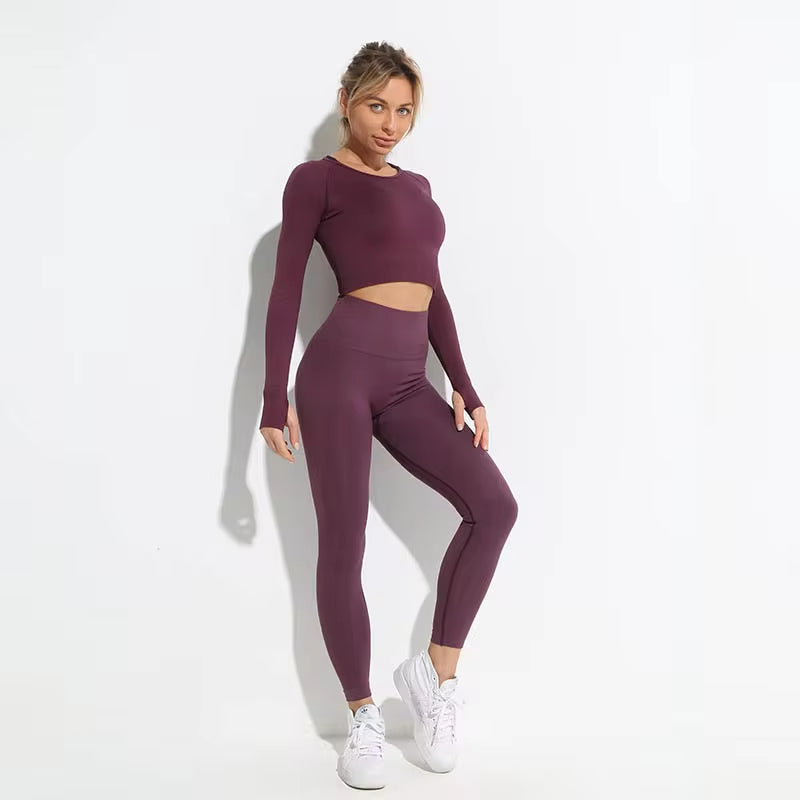 Set Deportivo Hyperflex Seamless 2 Piezas Mujer – Crop Top Manga Larga + Leggings de Cintura Alta