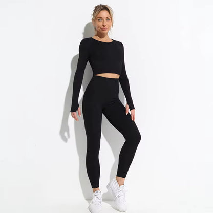 Set Deportivo Hyperflex Seamless 2 Piezas Mujer – Crop Top Manga Larga + Leggings de Cintura Alta
