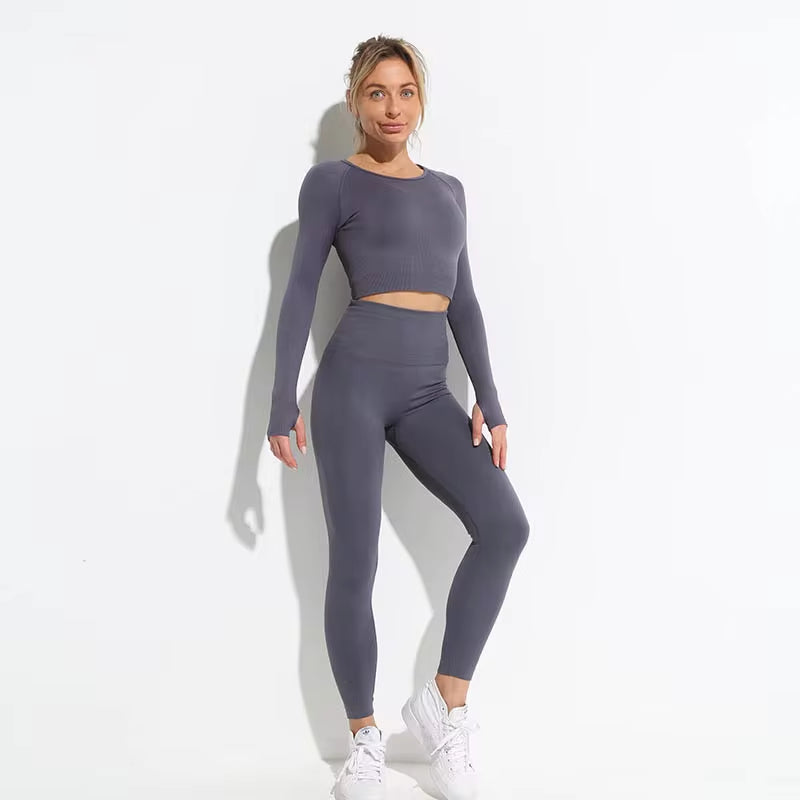 Set Deportivo Hyperflex Seamless 2 Piezas Mujer – Crop Top Manga Larga + Leggings de Cintura Alta
