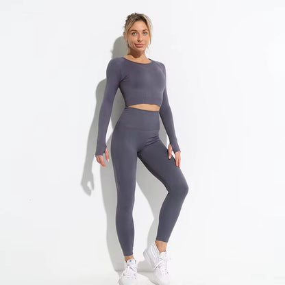 Set Deportivo Hyperflex Seamless 2 Piezas Mujer – Crop Top Manga Larga + Leggings de Cintura Alta