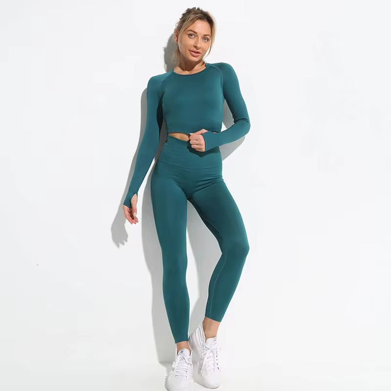 Set Deportivo Hyperflex Seamless 2 Piezas Mujer – Crop Top Manga Larga + Leggings de Cintura Alta