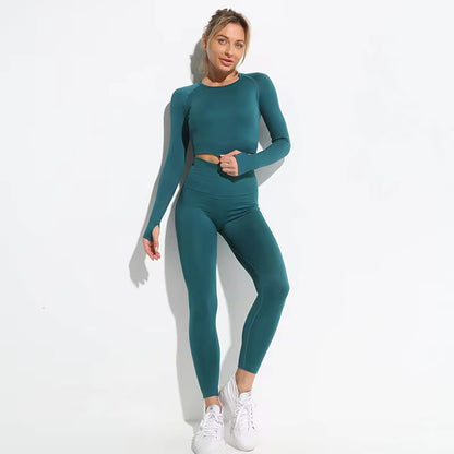 Set Deportivo Hyperflex Seamless 2 Piezas Mujer – Crop Top Manga Larga + Leggings de Cintura Alta