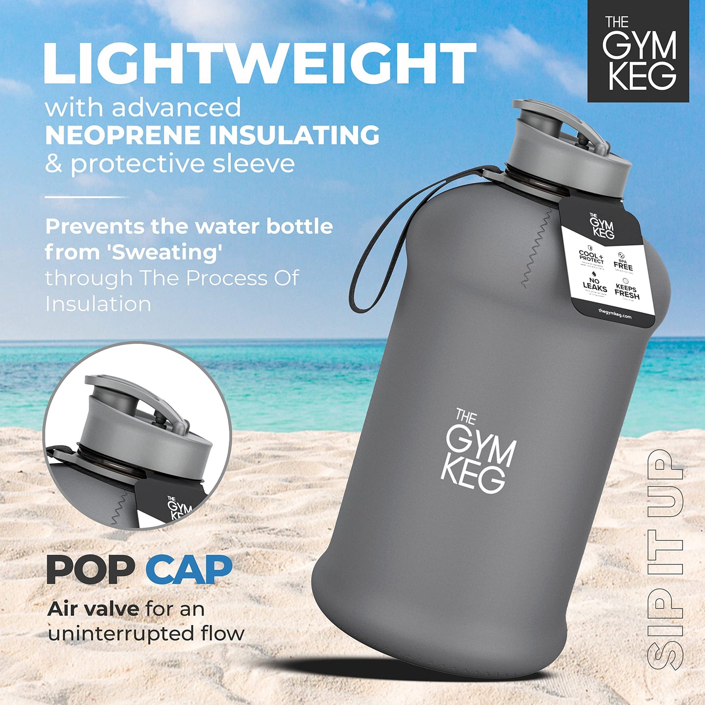 Gym Keg | Botella Deportiva Insulada 2.2 L (74.4 oz) – Media Galón Portátil