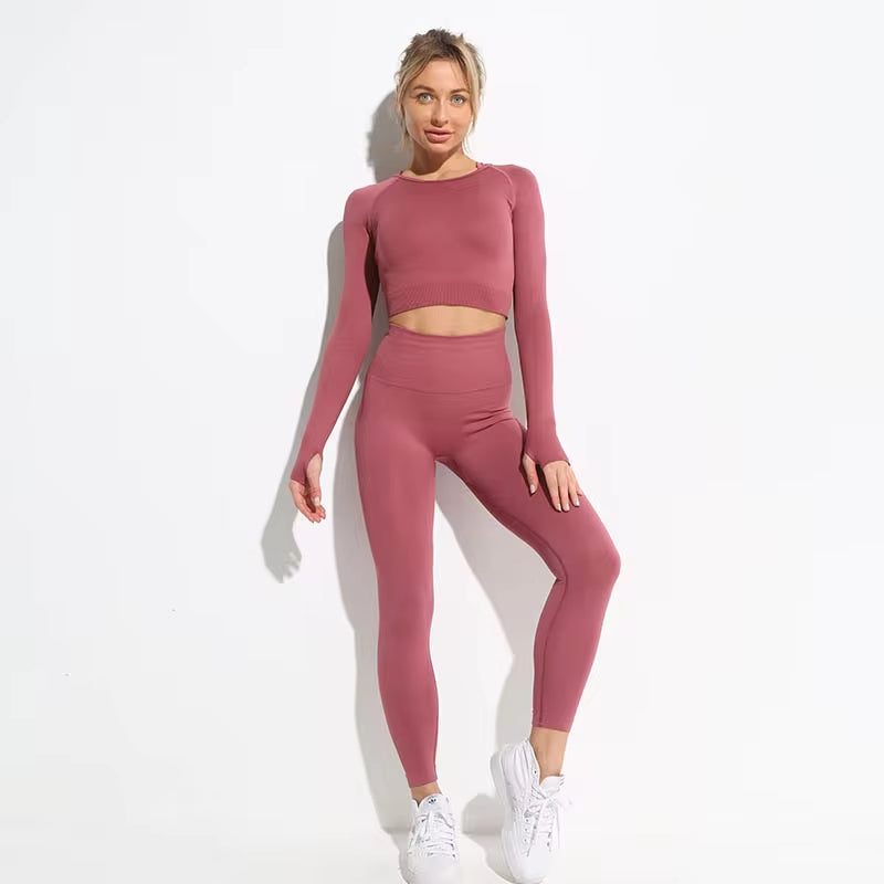 Set Deportivo Hyperflex Seamless 2 Piezas Mujer – Crop Top Manga Larga + Leggings de Cintura Alta
