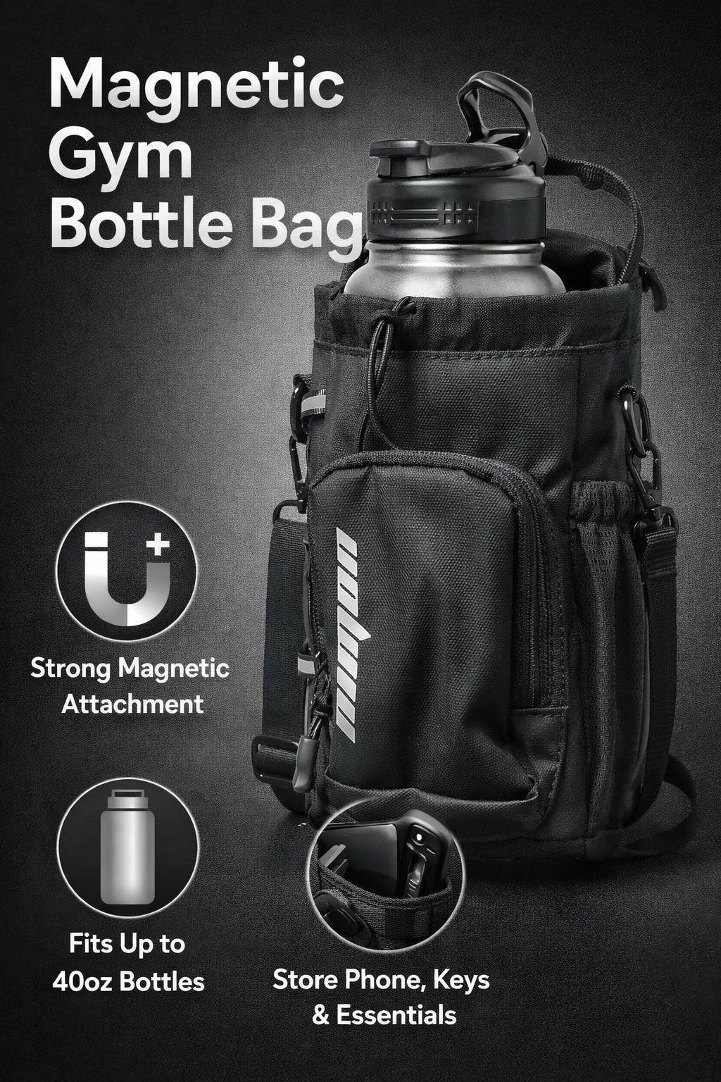 Bolsa Deportiva Magnética Unisex – Porta Botella, Regalo de Gimnasio, Color Negro