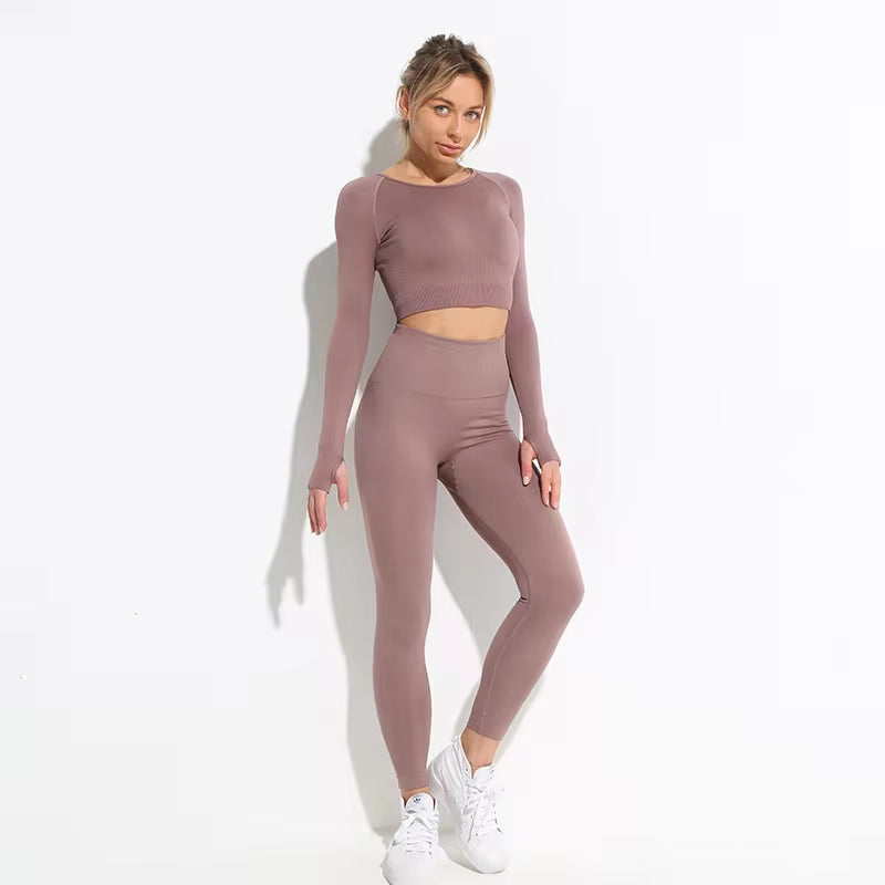 Set Deportivo Hyperflex Seamless 2 Piezas Mujer – Crop Top Manga Larga + Leggings de Cintura Alta